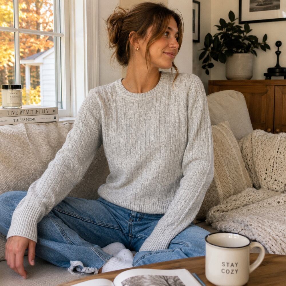 Brandy Melville Cable Knit Sweater Womens Gray Wool Blend Crewneck Preppy